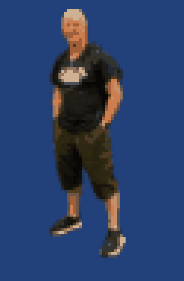 Pixel art full-length portrait of the person behind Retro Game Wire, standing with hands in pockets
